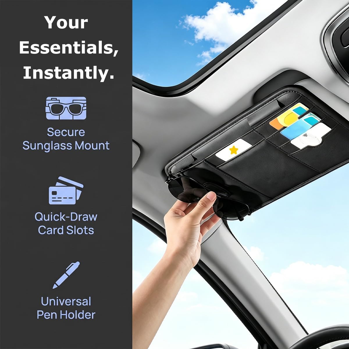 Car Visor Organizer, Multi-Pocket Scratch-Resistant Vehicle Sun Visor Storage Pouch with Sunglass Holder, Sunshade Eyeglasses Card Holder Organizer Bag Car Accessories, Universal Fit