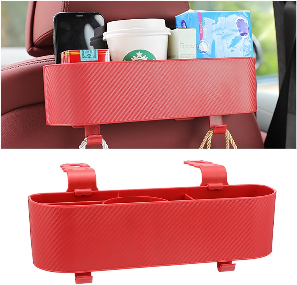BELOMI 2PCS Car Headrest Backseat Organizer with Cup Holder, Seat Back Hanging Storage Box with Hooks, Multi-Functional Drink Pocket Food Snack Phone Tray for Kids, Car Travel Accessories（Red/2PCS）