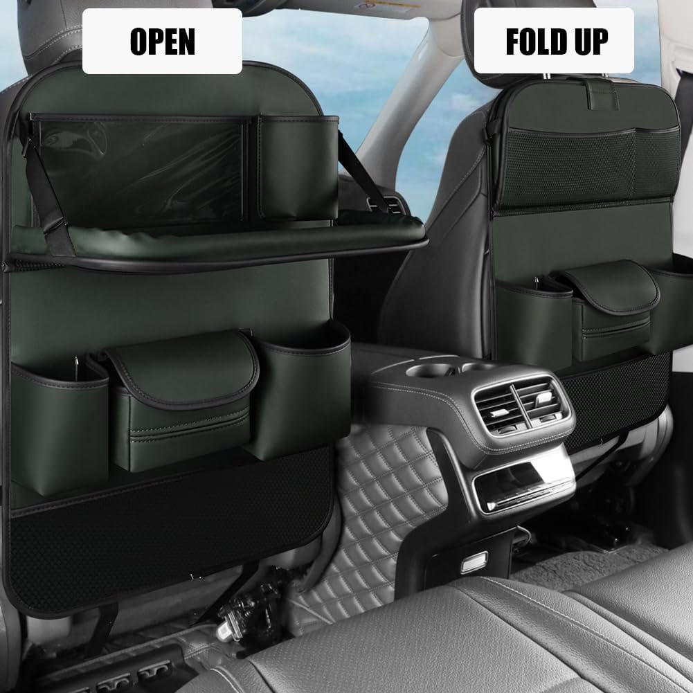2PCS Car Backseat Organizer Seat Back Protectors Kick Mats with Foldable Table Tray, PU Leather Car Storage Organizer with Tablet Holder, Car Tissue Holder Kids Toys Storage Travel Accessories (Green)