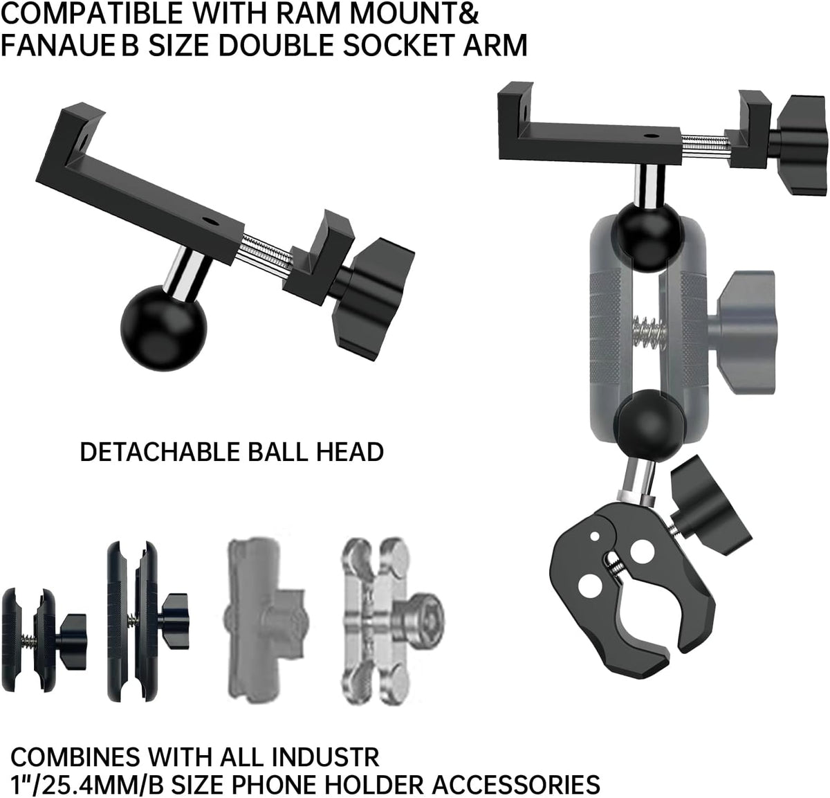 1 Inch Aluminum Phone Holder with 1" Ball Head Adapter Compatible with RAM mounts B Size Double Socket Arm for Car Bike Motorcycle Phone Mount