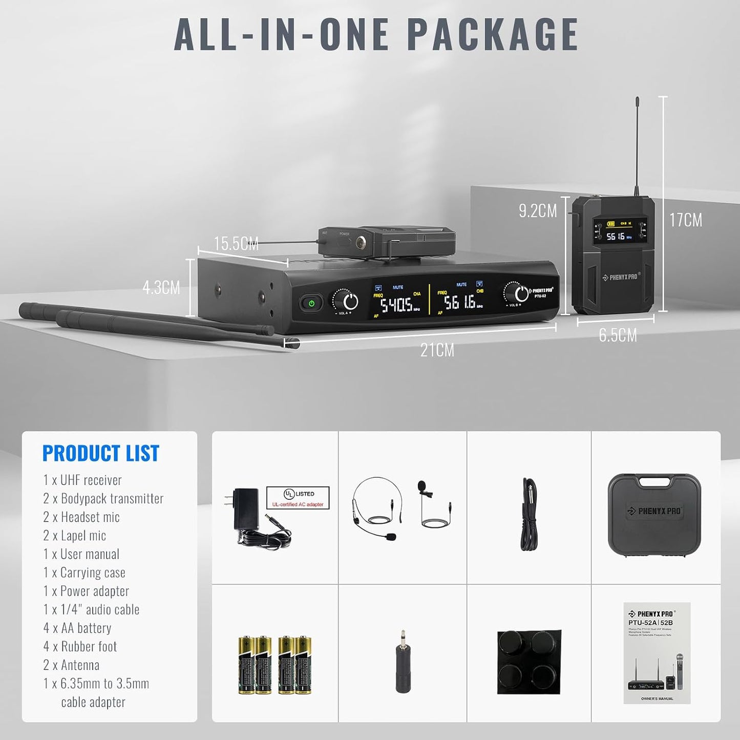 Phenyx Pro Dual Wireless Microphone System PTU-52-2B Bundle with The Customizable Medium Size Carrying Case