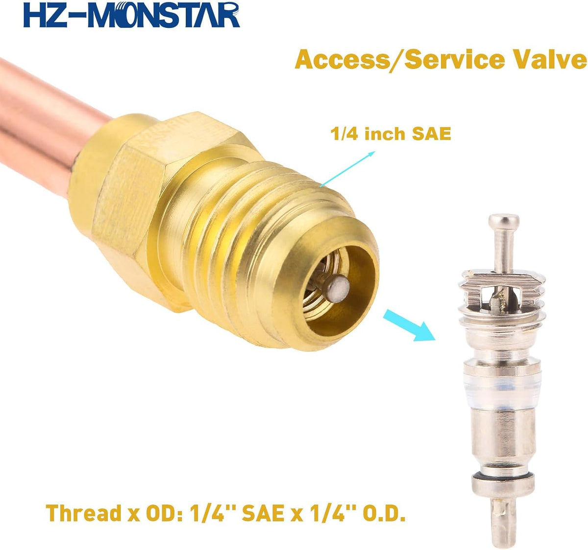 HVAC Service Access Valves Kit 1/4" SAE x 1/4" OD x 2.5" Stem | 1/4 SAE Flare Brass Quick Coupler Adapter, Quick Coupler Access Tee for HVAC Refrigerant System R12 R22 R502 R134A