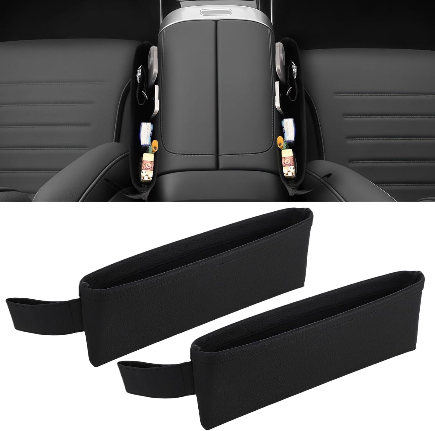 OMISTAR 2 PCS Car Seat Gap Organizers - PU Leather Car Console Side Pocket, Universal Car Seat Gap Filler Storage Box for Phone Keys Wallet Sunglasses, Car Interior Accessories Seat Catcher
