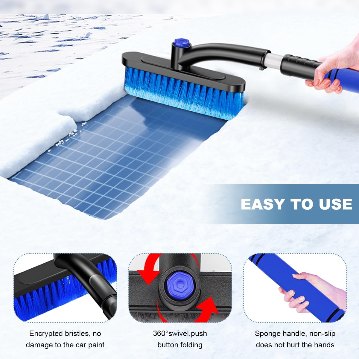 Wevdn Car Snow Brush with Ice Scraper, Detachable Stretchable Snow Scraper with 360° Rotatable Brush, Automotive Multi-Functional Snow and Ice Removal Tool, Car Accessories (Blue)