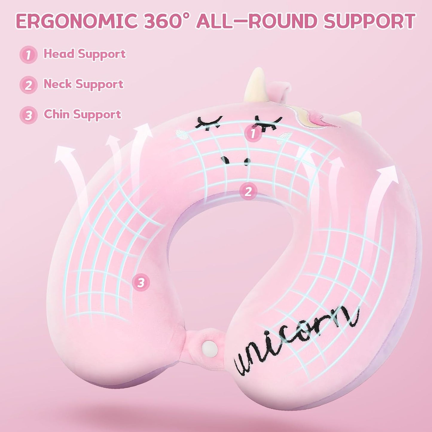 Kids Neck Pillow, Unicorn Kids Travel Neck Pillow for Traveling with Eye Mask, Toddler Travel Essentials for Road Trip Airplane Car Seat, Cute Headrest Memory Foam Pillows for Girl Gift (Pink)