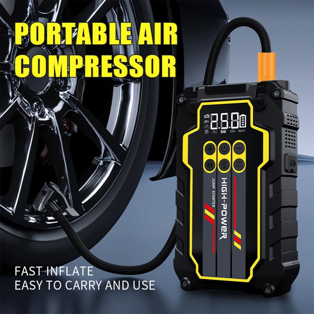 Jump Starter 4000A 12V Car Battery Booster Pack (Up to 7.0L Gas, 5.5L Diesel), Portable Power Bank with Air Compressor, 400LM LED Flashlight, SOS for Truck, SUV, Vehicles