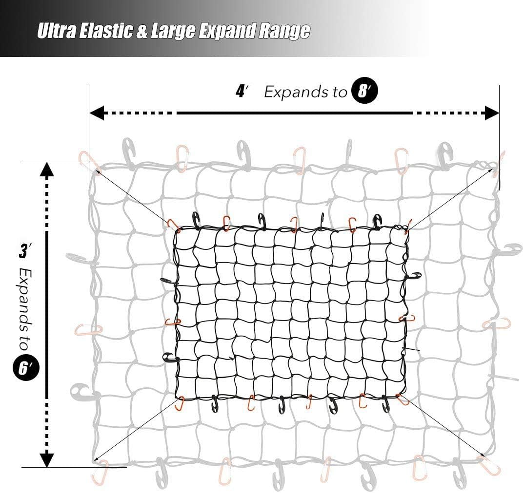 CZC AUTO Bungee Cargo Net 3x4Ft Stretches to 6x8Ft, 3"x3" Mesh Net