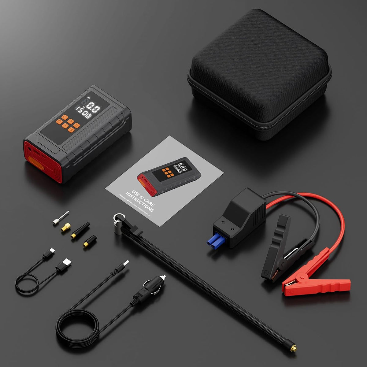 Portable Car Jump Starter with Air Compressor, 14.8V 2000 * 4mAh Battery Booster, 150PSI Tire Inflator, Power Bank & LED Flashlight for Roadside Emergencies & Travel