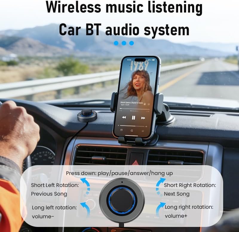 Wireless 6.0 Audio Receiver for Car, [CVC 8.0 Noise Cancelling] Auxiliary Wireless Adapter with Volume Control Knob & RGB Backlight, 3.5mm AUX Wireless Music Adapter for Hands-free Calls & Home Stereo