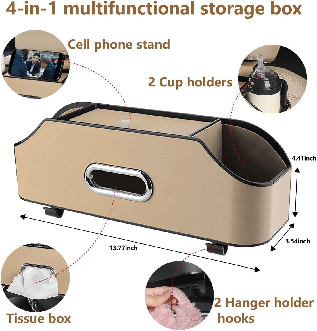 Backseat Car Organizer with 2 Drink Cup Holder - Tissue Holder - Car Seat Hooks for Headrest - Multi-functional Storage for Travel - Perfect for Kids, Adults(Beige)