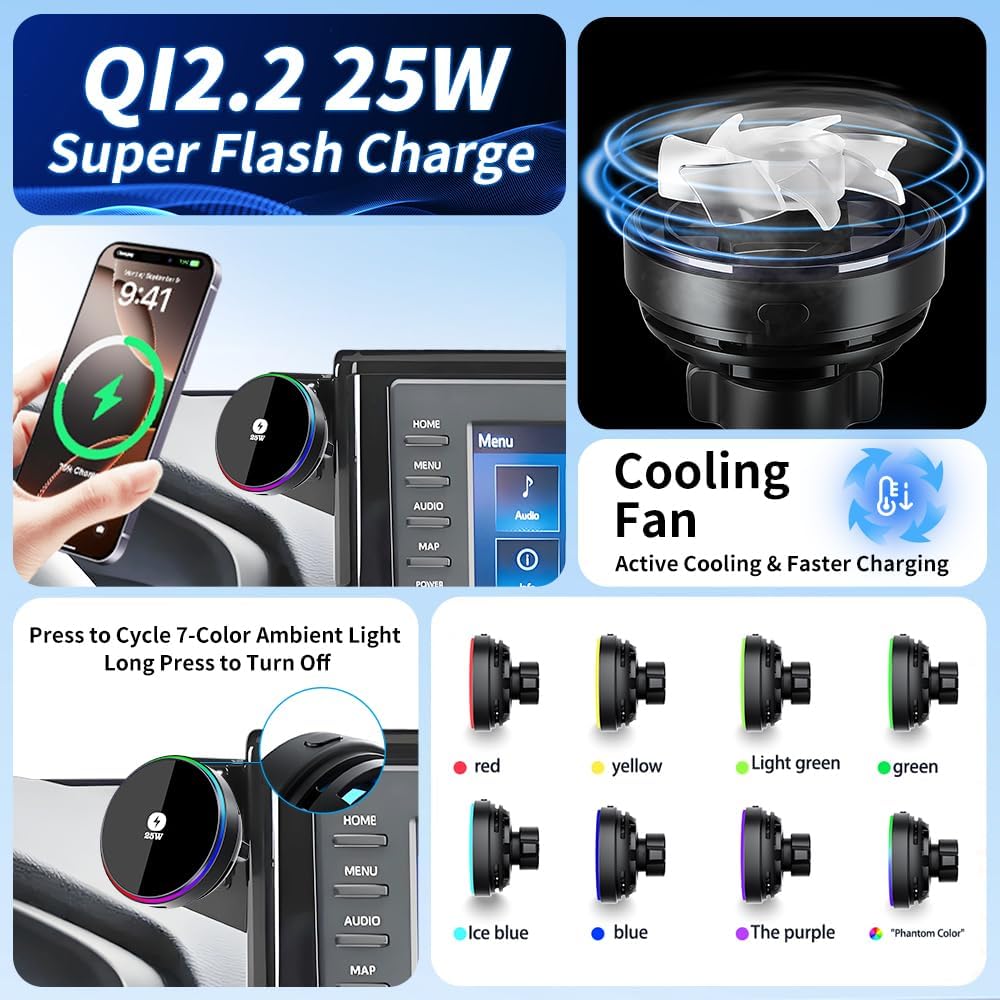 Qi2.2 Max 25W Fast Wireless Car Charger Phone Holder for Toyota RAV4 2019-2025 [ 7/8 inch Touch Screen ] Auto Accessories Magnetic Cell Phones Mount Cellphone Charging Compatible with MagSafe