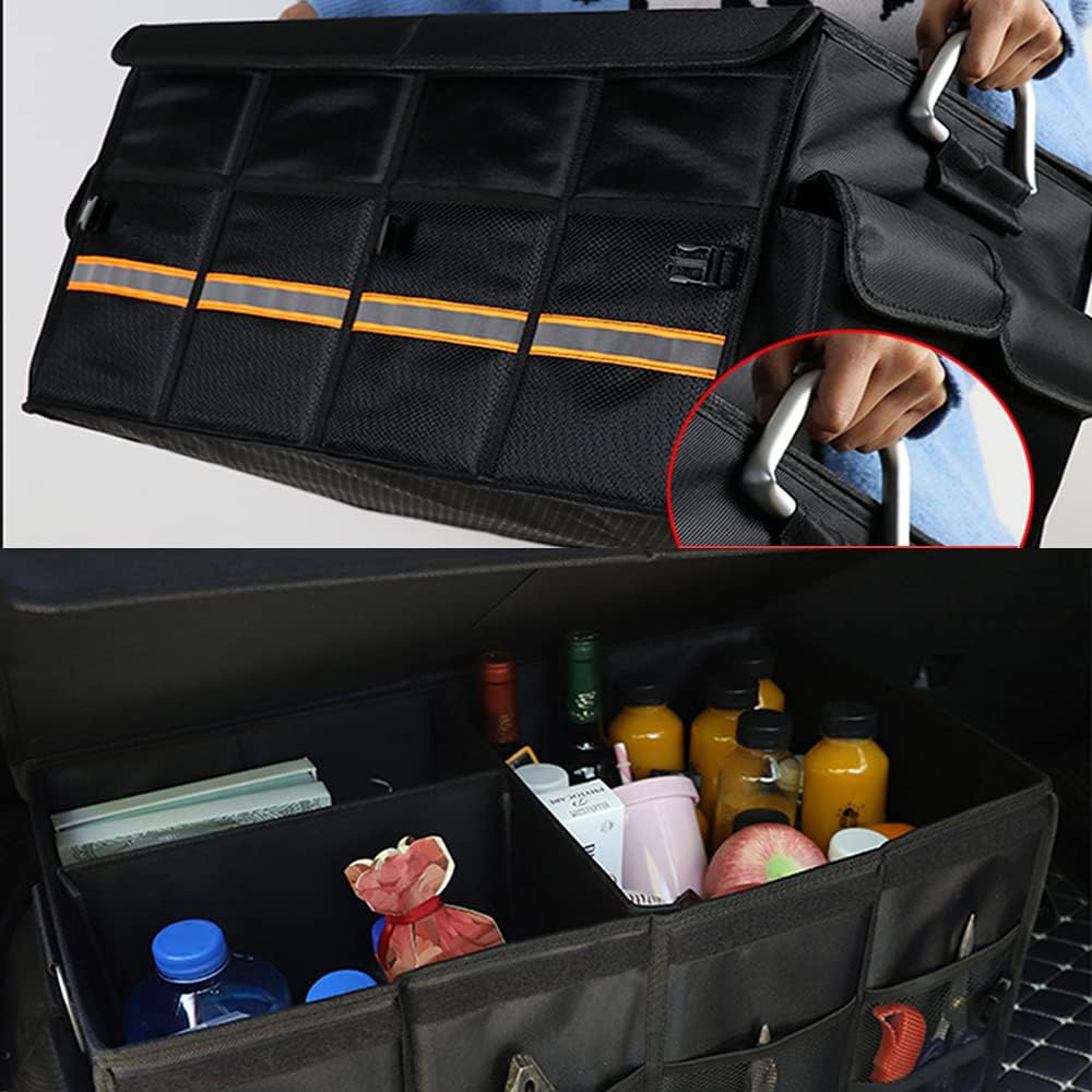 Tianle Car Trunk Organizer - Collapsible Trunk Organizer & Lid Foldable Cover Aluminium Alloy Handle Reflective Strip for Auto, SUV, Truck, Minivan (L Black)