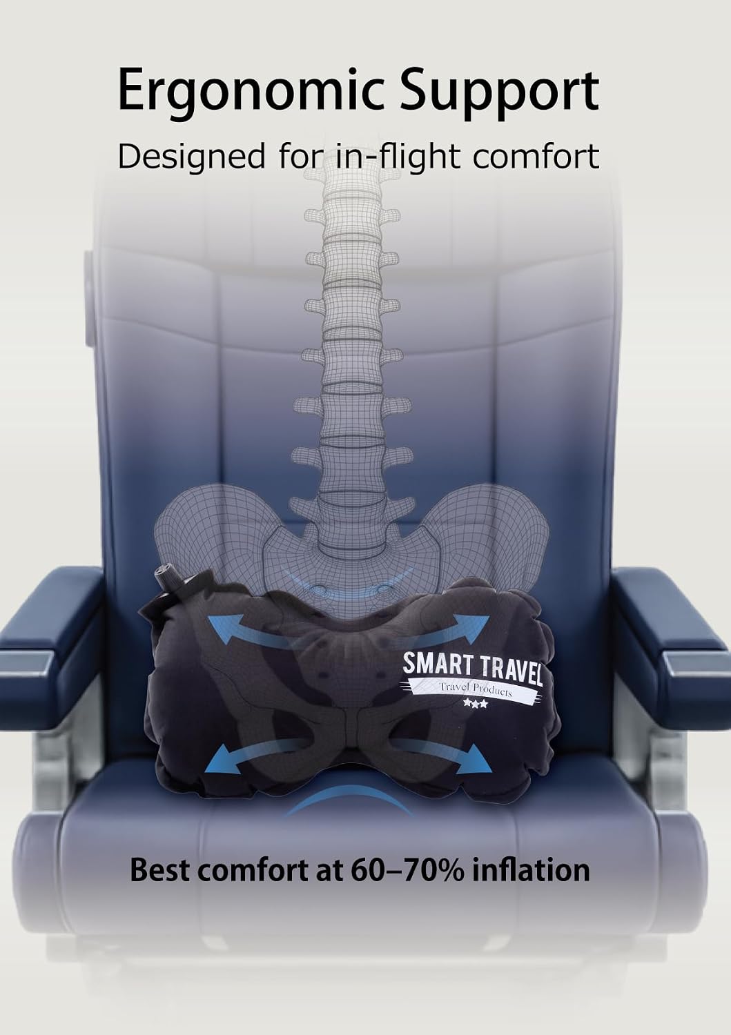 SmartTravel Inflatable Lumbar Support Travel Pillow for Airplane Seat | Adjustable firm back support cushion for long flights, office & car; eases lower back discomfort; self-inflates, packs small