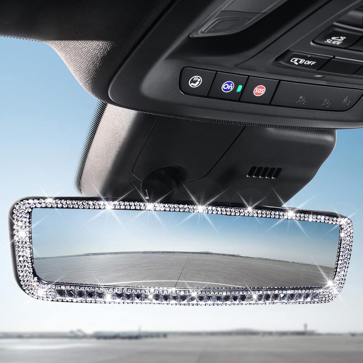 AUCELI Car Rear View Mirror, Bling Rhinestone Interior Rear View Mirror with HD Glass, Wide Angle Clip-On Rearview Mirror with Glitter Crystal Diamond, Car Decoration Accessories for Women (Silver)