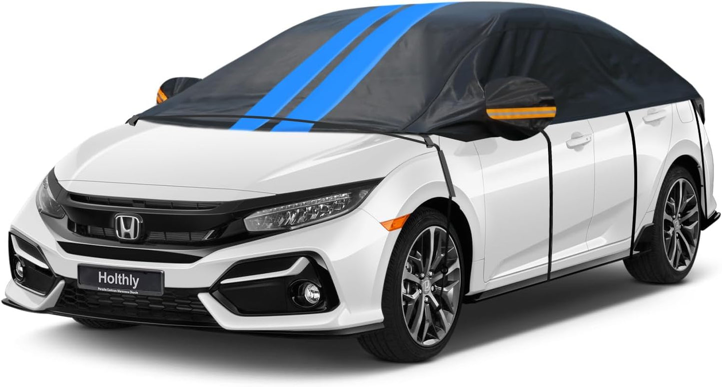 Half Car Cover Top for Sedan/Coupe/Cabrio, Windshield Cover for Ice and Snow, Roof Car Cover Waterproof All Weather with Reflective Strips and Side Elastic Hooks. H2 (Up to 128 inch)