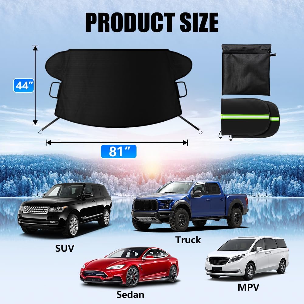 Car Windshield Cover for Ice and Snow, Windshield Snow Cover, Performance Brake Kits with Side Mirrors Cover for Snow, Ice, UV Fits Most Cars, Trucks, Vans, SUVs, Black