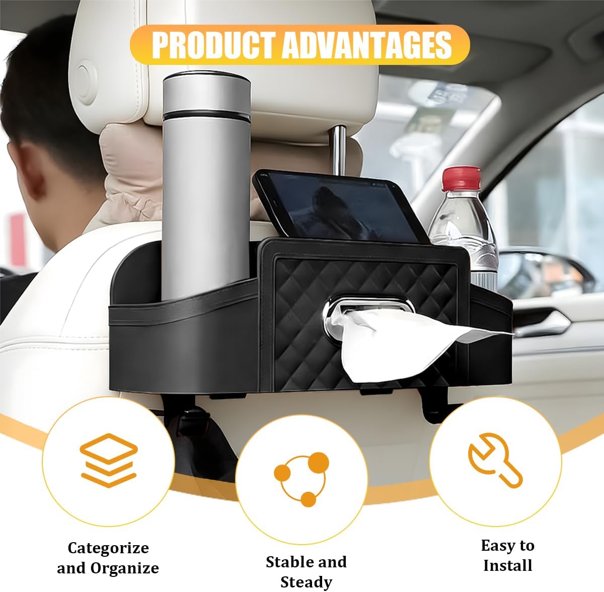 Car Headrest Backseat Organizer, Multifunctional 4-in-1 Back Seat Tissue Box with Cup Holder & Hooks, Auto Interior Seat Back Storage Box for Phone, Snack, Drinks, Universal Fit (Black)