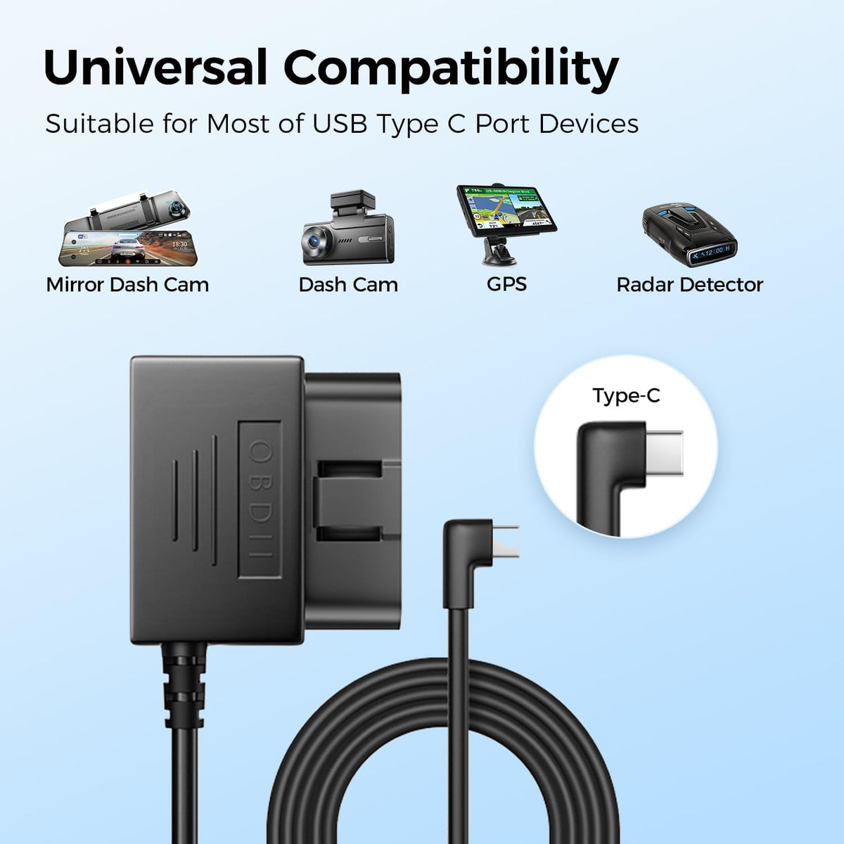 AZDOME Type C Port OBD Hardwire Kit for Dash Cam, Easy to Install, Support Parking Mode, 11FT 12V-24V to 5V Power Cable for Car Camera with Type C Port, Low Voltage Protection (Matte Black)