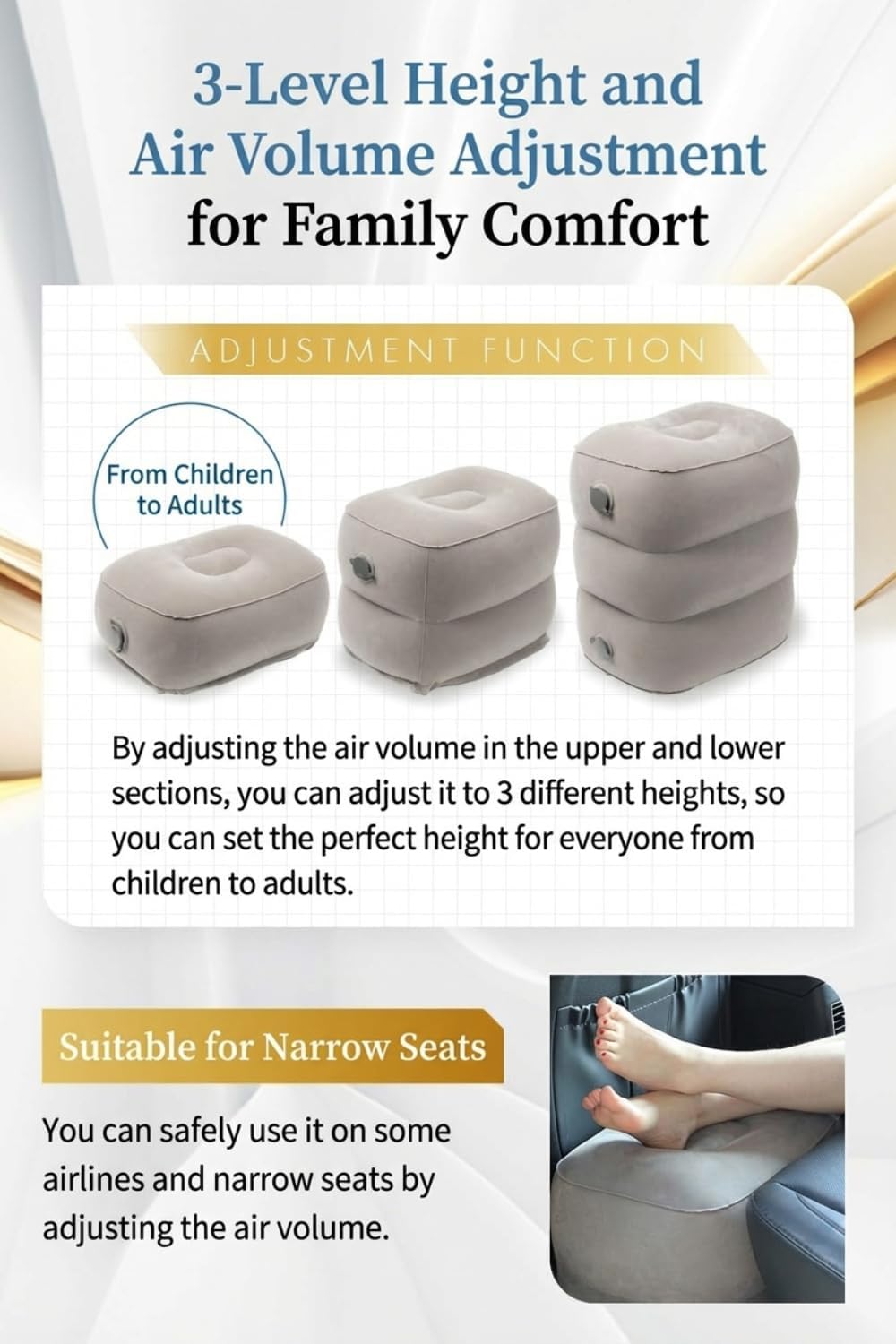 Inflatable Foot Rest for Airplane Travel - Adjustable Height Leg Pillow for Long Flights - Portable Travel Footstool with Pump-Free Inflation Bag - Car & Office Leg Rest Essentials