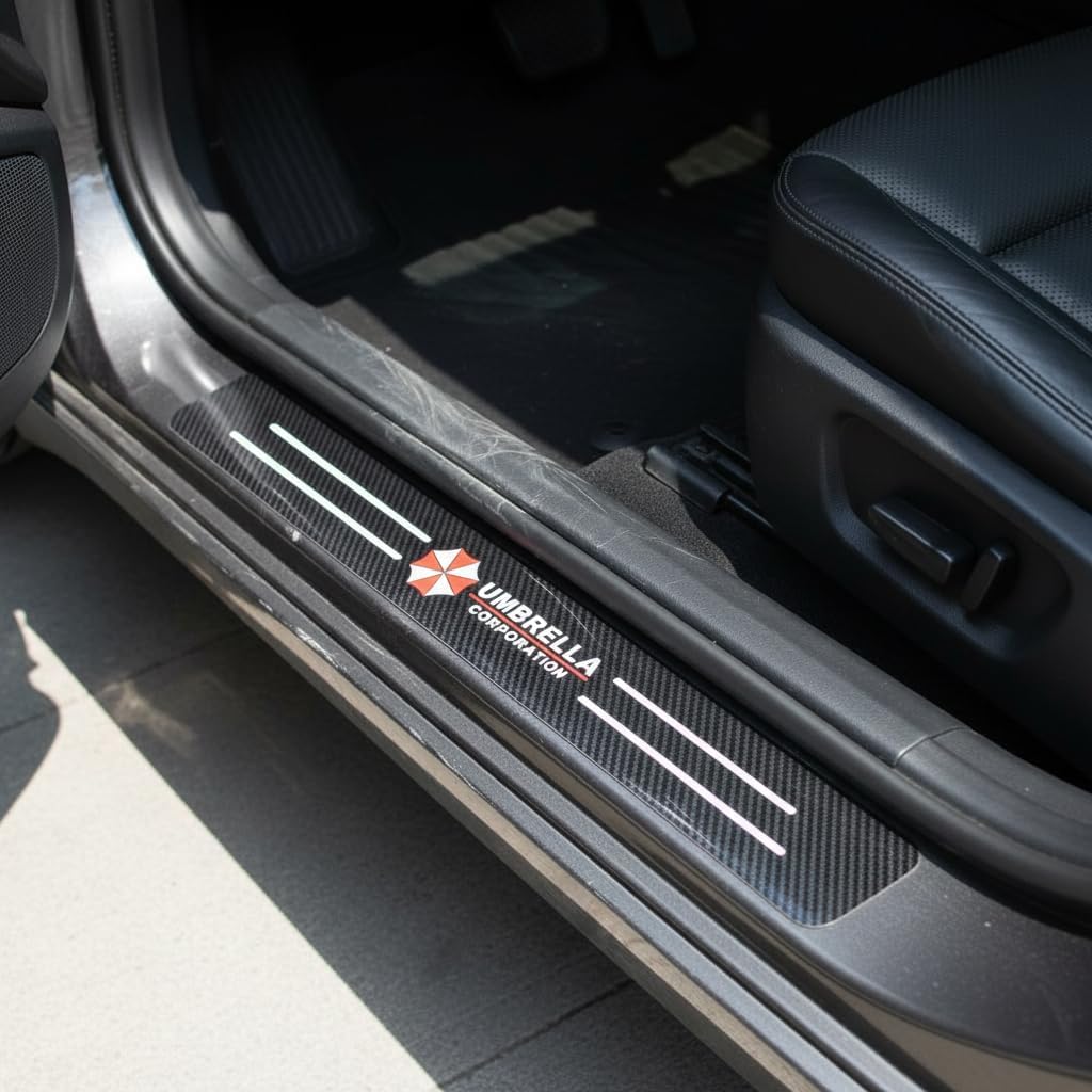 Car Door Sill Guards Front & Rear Car Door Threshold Protector Carbon Fiber & Textured Leather Door Sill Protectors (Protective Umbrella, 4 Pcs)