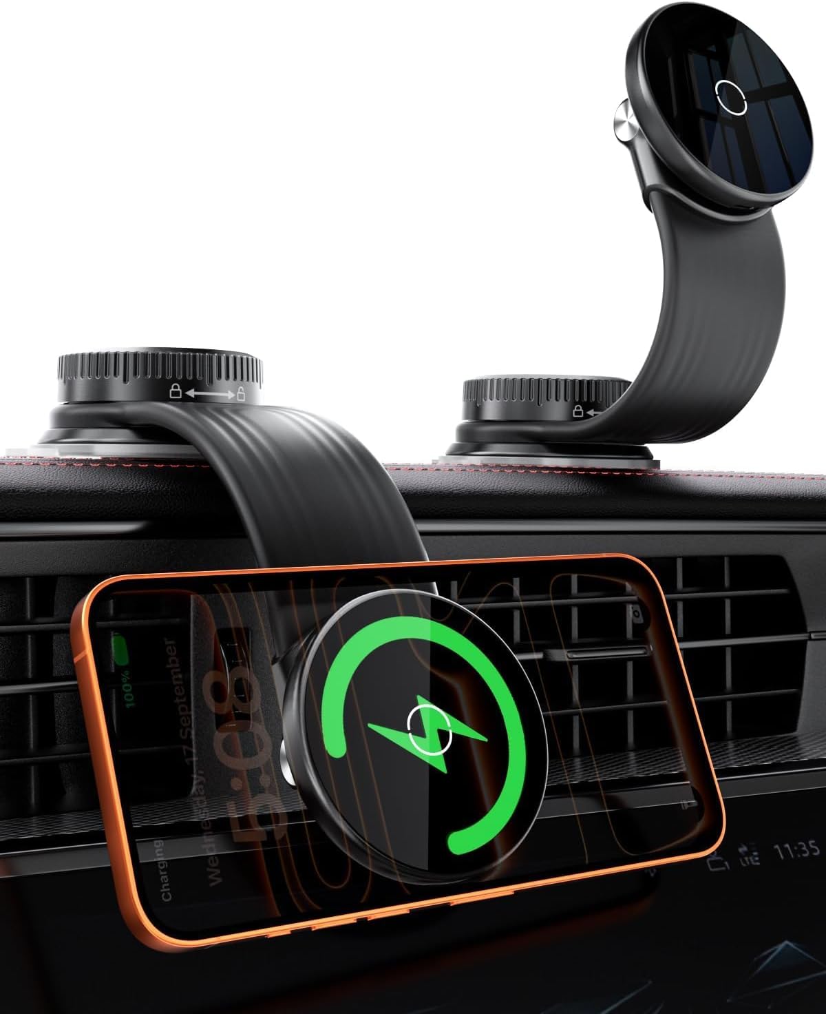 15W Magnetic Wireless Car Charger Mount, Flexible Bendable Aluminum Arm [360° Adjustable], Upgraded Adhesive Suction Cup Base, Dashboard Windshield Fast Charging Phone Holder for iPhone 17