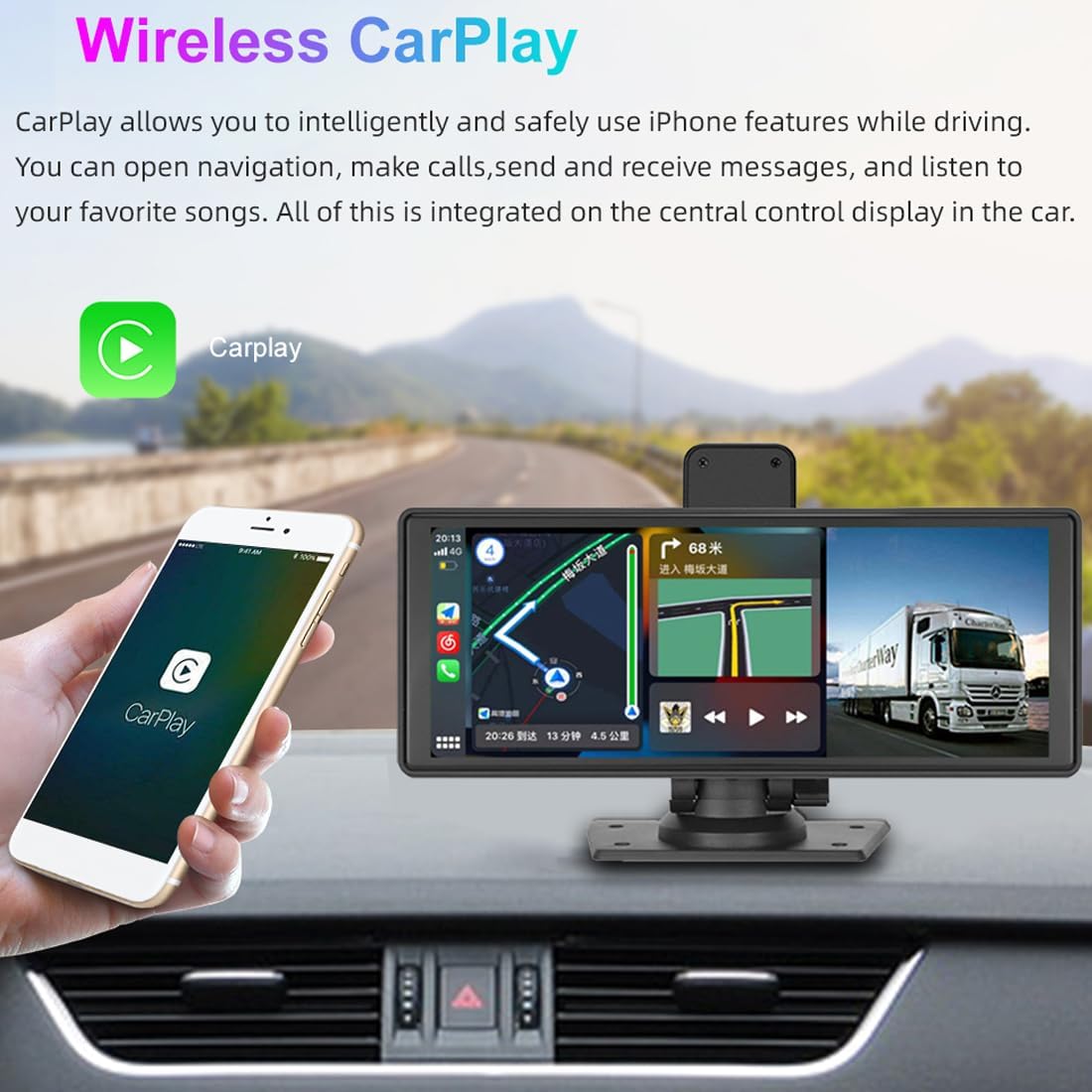Portable Car Stereo with Wireless Carplay Android Auto, Car Radio 9.3 Inch IPS Touch Screen Car Monitor with AHD Reverse Camera/DVR/FM Transmitter/Bluetooth/AUX/Mirror Link Dash or Windshield Mounted