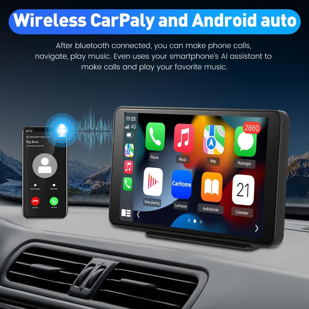 litillbuly CarPlay Screen for Car, 7'' Wireless CarPlay & Android Auto