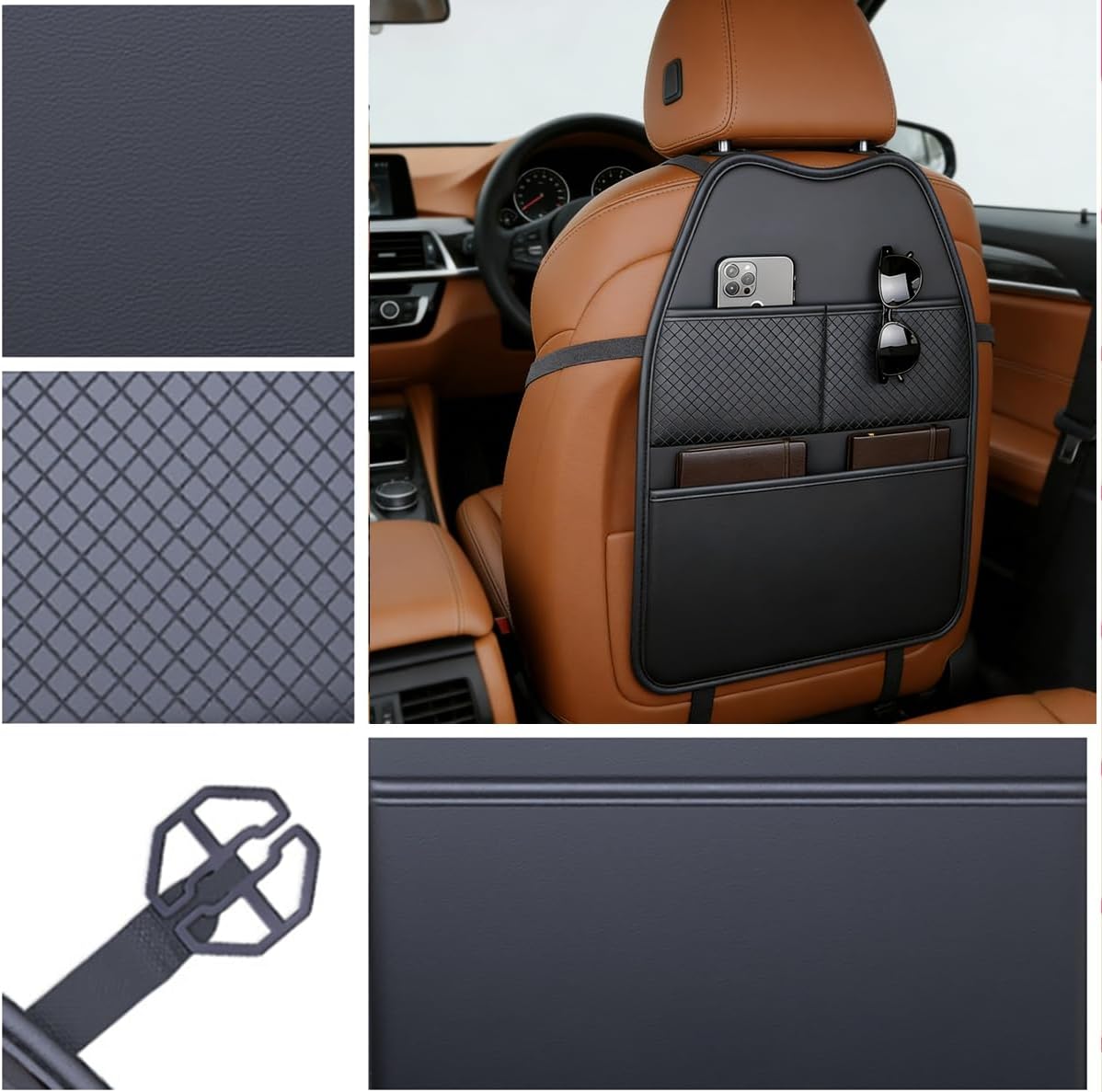 2 Pack Seat Back Protector - Leather Kick Mat with Storage Pockets, Front & Back Seat Cover for Kids -Large Capacity Car Seat Organizers and Storage for Child, Splashproof & Easy Clean