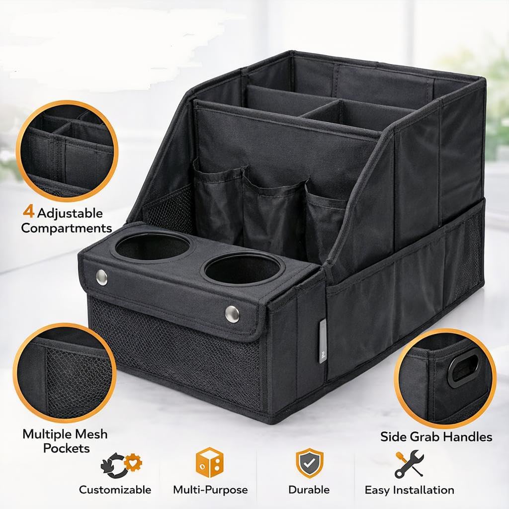 Car Trunk Organizer for SUV with Cup Holder – Foldable Trunk Organizer for Car, Car Organizer for Storage, Durable Car Organizers and Storage, Car Essentials for Easy Car Organization