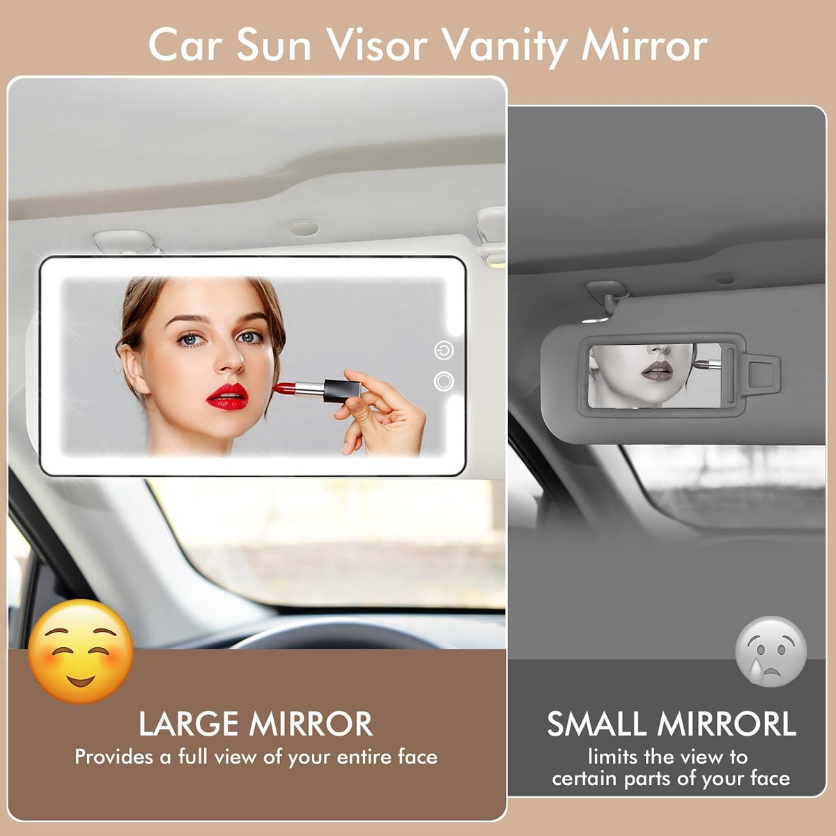 Car Sun Vanity Mirror with Lights, 3-Color Dimmable Light Mirror for Cars