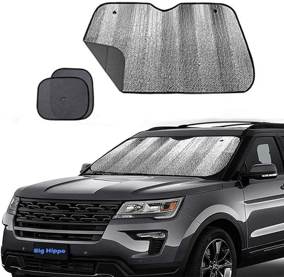 Windshield Sun Shade, Car Window Shade as Bonus by Big Hippo Keep Vehicle Cool Protect Your Car from Sun Heat & Glare Best UV Ray Visor Protector (Size: 55.16"X 27.5")