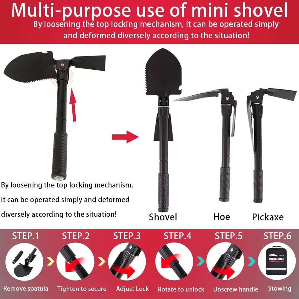 Emergency Roadside Kit for Car, Safety Kits for Cars With Jumper Cables | Premium Roadside Assistance Kit for Cars Headlamp Folding Shovel Safety Hammers Tow Rope Gifts for New Drivers Car Tool Kit