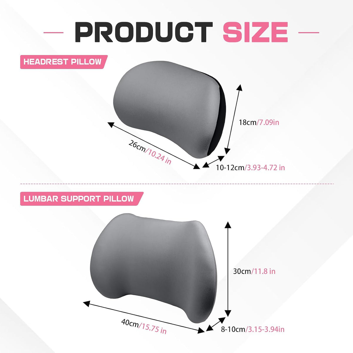 2PCS Car Neck Pillow and Lumbar Support Pillow Set, Ergonomic Memory Foam Back & Neck Support Pillows for Car Seat, Office Chair, Driver Head & Back Cushion and Pain Relief (Gray)