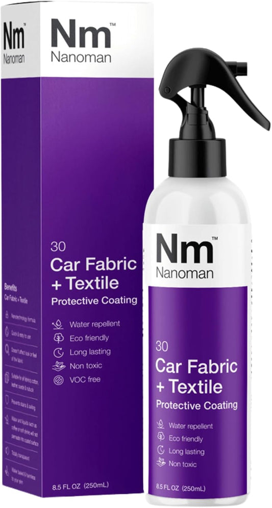 NANOMAN Protect Car Seats from Spills & Stains Fabric & Upholstery Protector Spray (250ml) – Invisible Waterproof Coating for Car Seats, Carpets & Interior Fabric – Easy DIY One-Coat Application
