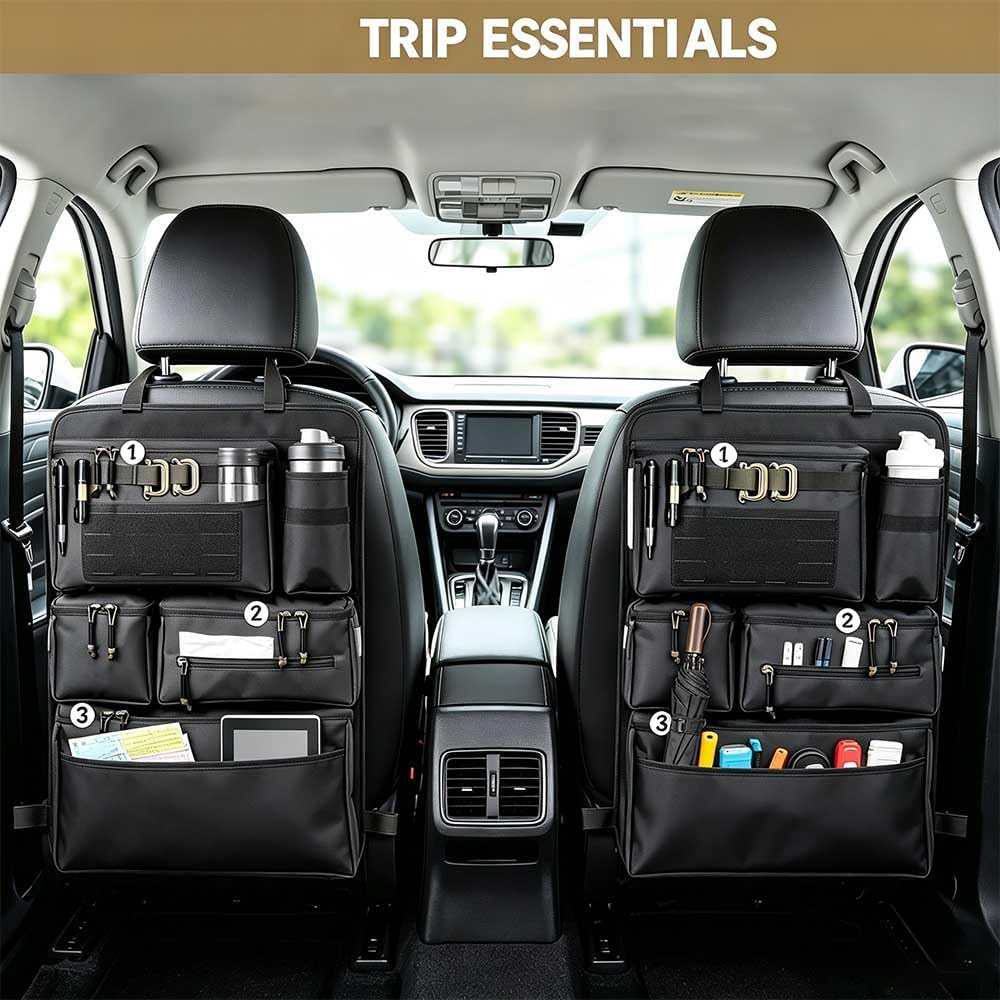 Heavy Duty Tactical Car Seat Back Organizer, Seat Back Protector with Multi Storage Pockets, All-in-One Behind Seat Storage Bag for Car, Organize Tools, Camping Gear, Travel Essentials (Black)