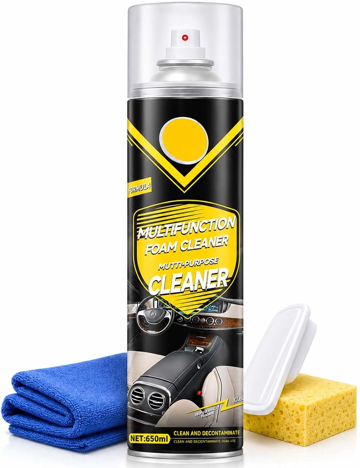 Multifunctional Foam Cleaner Spray for Car Interior & Home Surfaces, Multi-Surface Cleaning Foam for Fabric, Finished Leather, Plasticwith Sponge and Towel, 650ml (1)