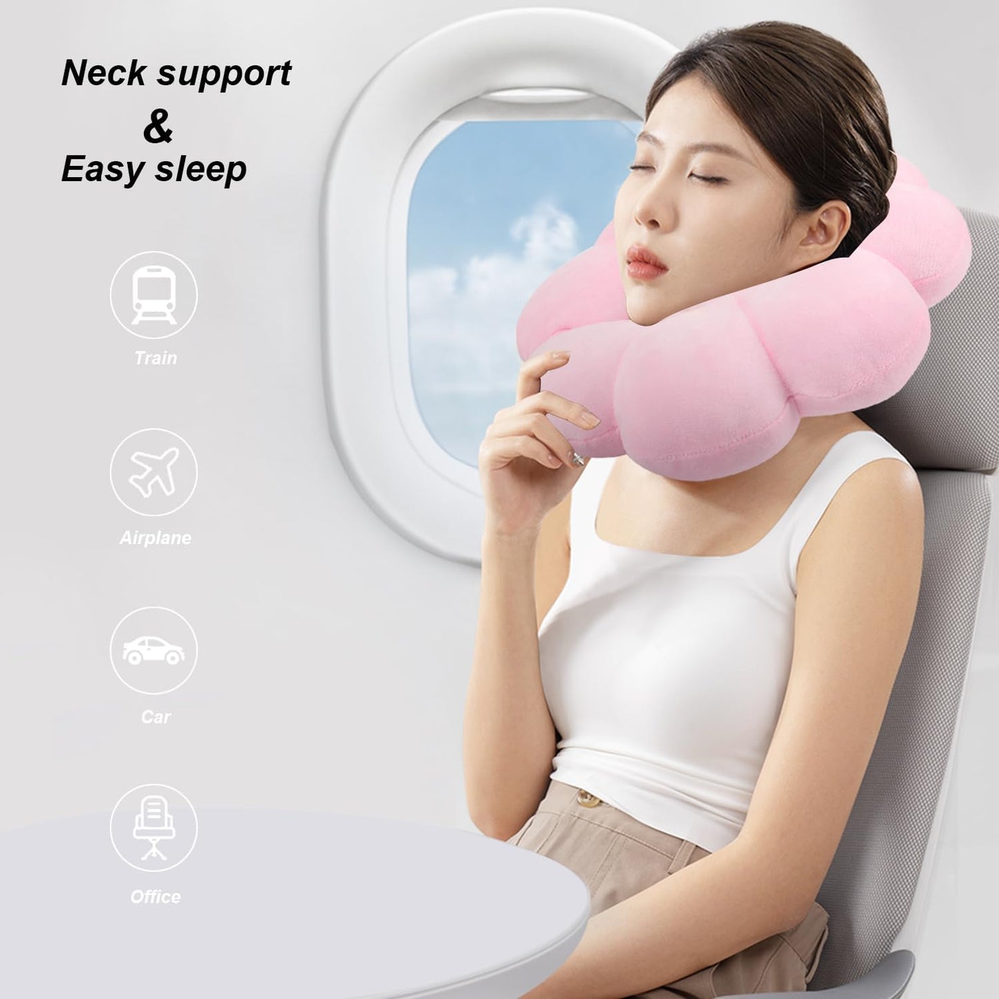 Flower Travel Neck Pillows for Airplanes Breathable Cotton U-Shaped Neck Pillow for Kids & Adults Head Neck Chin Support Rest Pillow for Traveling,Car,Train,Bus,Recline,Home,Office,Light Blue