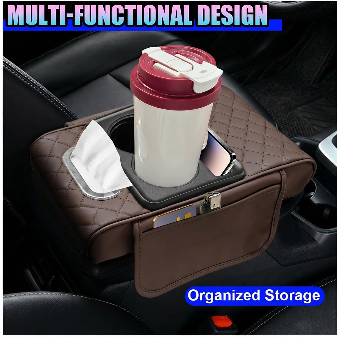 Leather Car Center Console Cover, Armrest Booster Cushion, Coffee