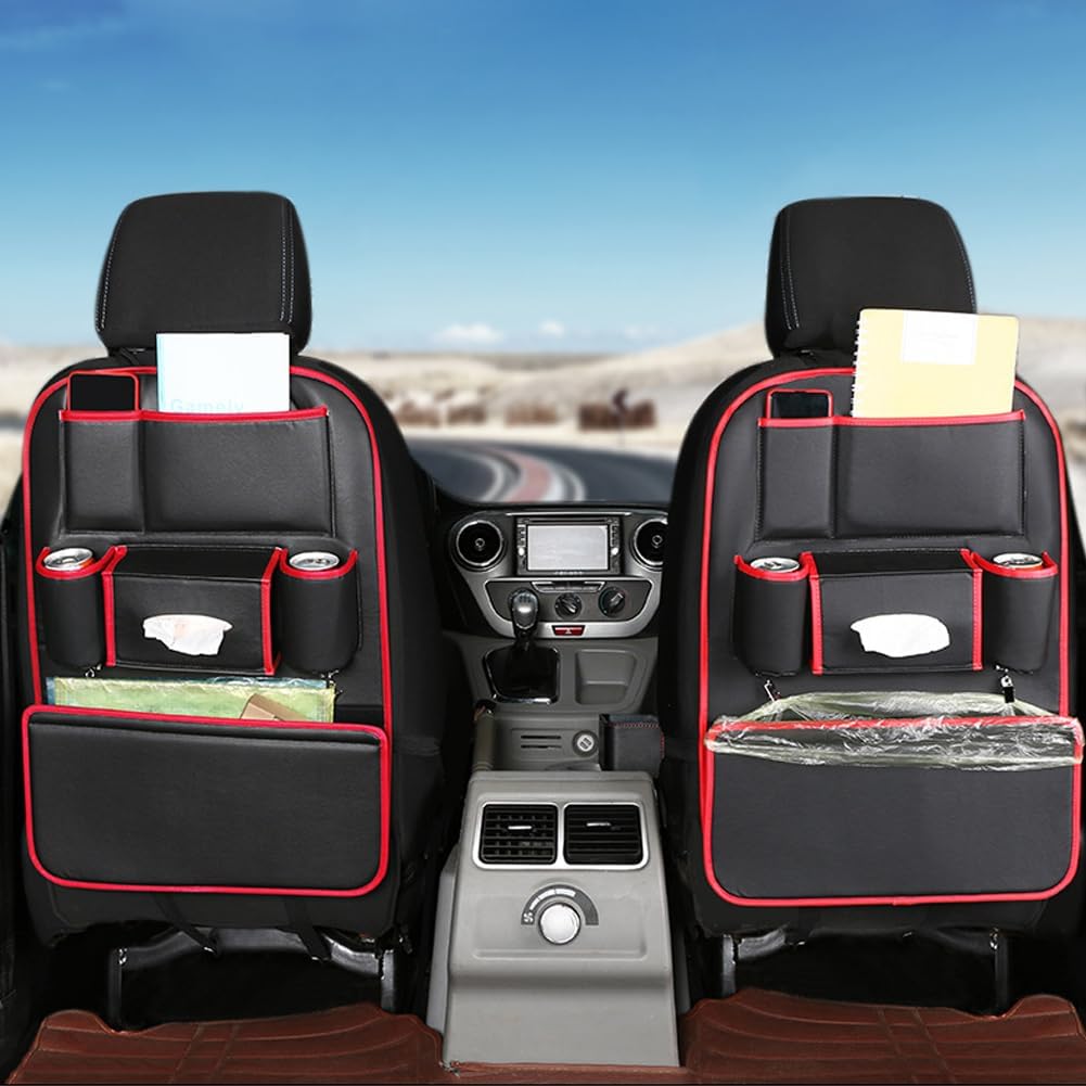 1PCS Car Backseat Organizer Seat Back Protectors Kick Mats, PU Leather Car Storage Organizer Hanging Bag with Car Tissue Holder Kids Toys Storage Car Accessories (Black Red)