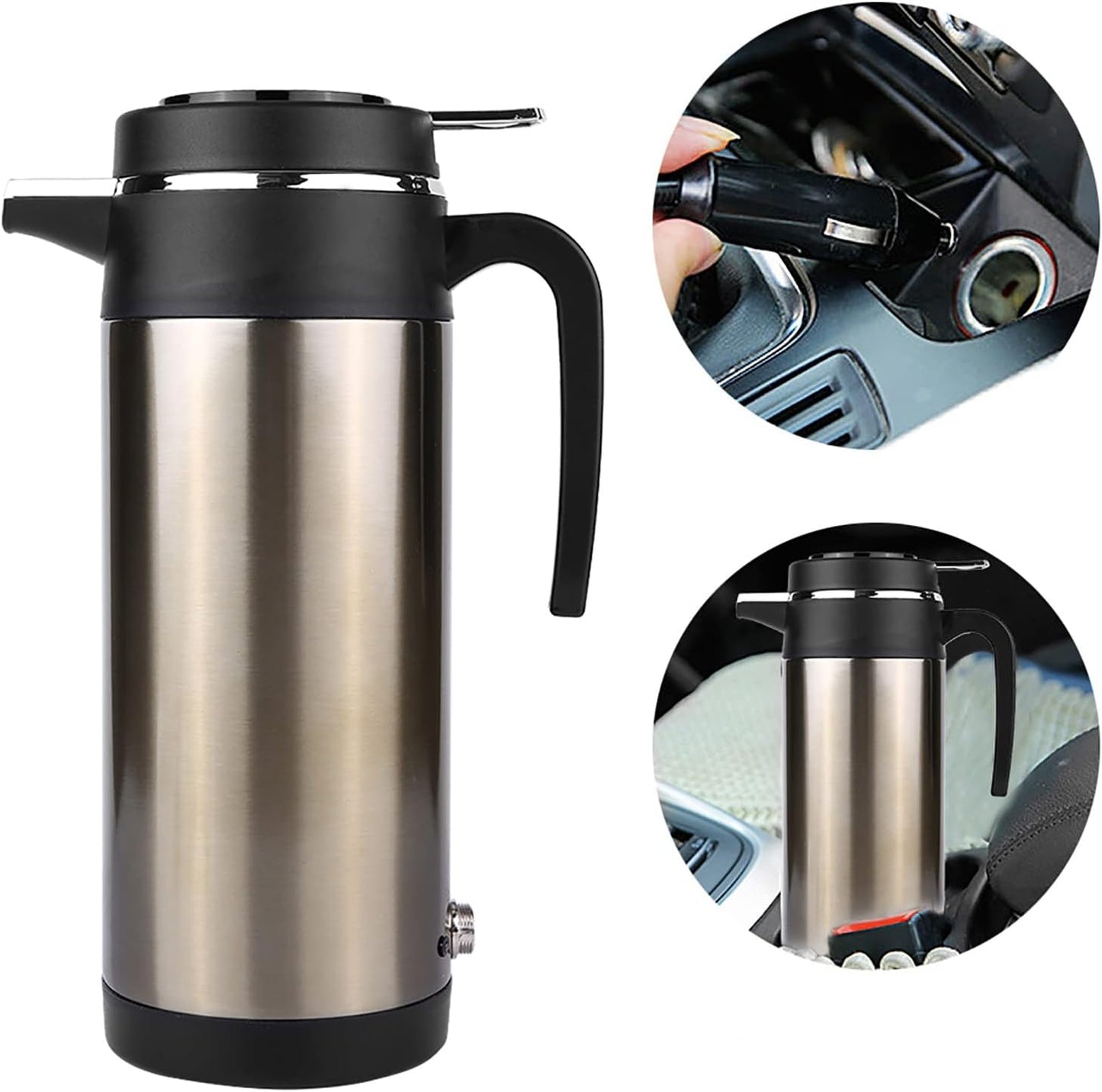 Acouto 12V Car Electric Kettle 1000ML Stainless Steel Car Electric In-car Kettle Travel Thermoses Heating Water Bottle Heating Cup
