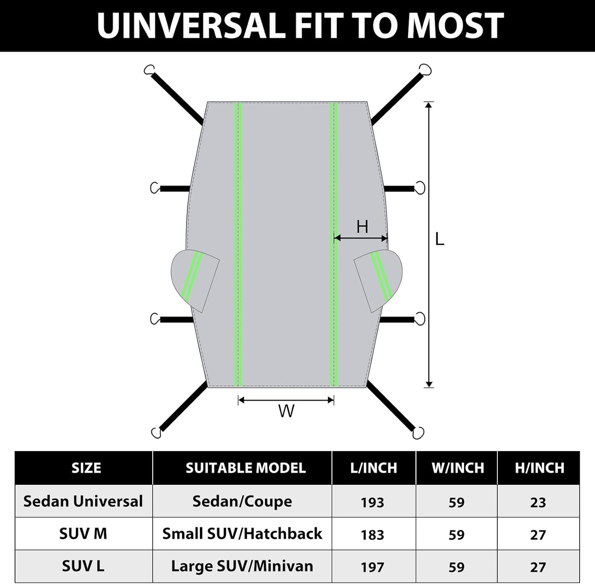 Half Car Cover Sedan with Green Reflective Strip, Hail Protector Car Cover with Cotton Liner, Sunroof & Windshield Cover for Ice and Snow, All Weather Car Body Cover for Sun, Rain, Dust