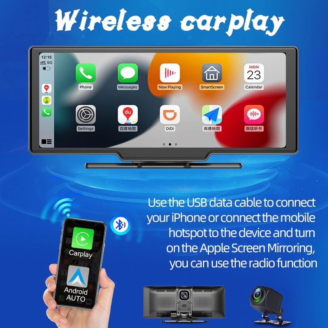 Car Radio Stereo Bluetooth 10 inch Touchscreen Apple CarPlay Android Auto WiFi Wireless carplay Built-in DVR AHD Camera Mirror Link FM Transmission with 32GB SD Card