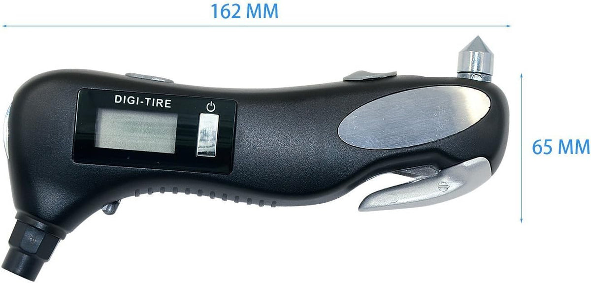 5 in 1 Rescue Emergency Tool for Car, Motorcycle and Other Vehicle - 150 PSI Digital LED Tire Pressure Gauge Monitor, Safety Hammer, Flashlight, Seat-Belt Cutter, Red Safety Light.
