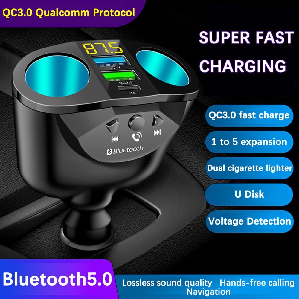 12-24V Car Cigarette Lighter Splitter, Bluetooth5.0 Adapter for Car, 2-Socket Cigarette Lighter Adapter Dual USB QC3.0 &PD Fast Car Charger FM Transmitter [Voltage Detection]