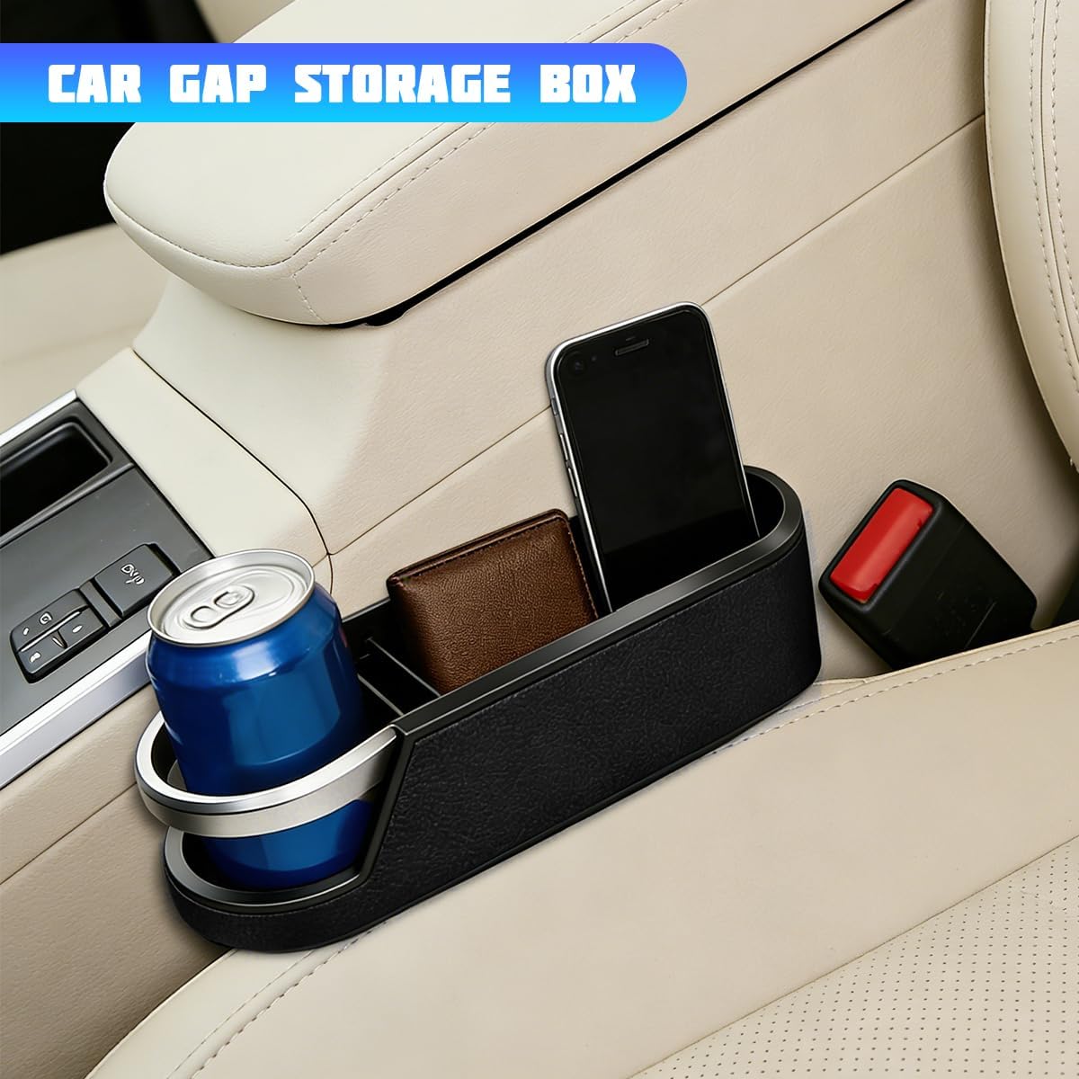 Car Seat Gap Filler Organizer, Leather Automotive Filler Plug Couch Organizer with Cup Holder, Vehicle Front Seat Side Gap Storage Box for Phone Sunglasses Keys, Universal Fit (Black)