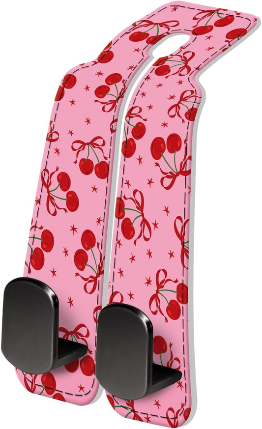 PU Leather Car Seat Hook, Storage Headrest Hanger, Cute Car Backseat Organizer, Car Hooks For Purses and Bags Pink Cherry Print