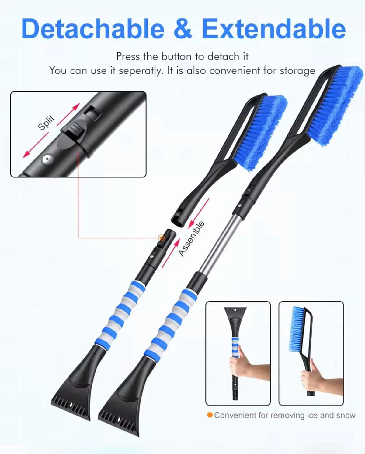 Extendable Snow Brush and Ice Scraper with Waterproof Gloves, 30.4-37.4 Inch Adjustable Length, Detachable Winter Car Cleaning Kit, Blue and Black