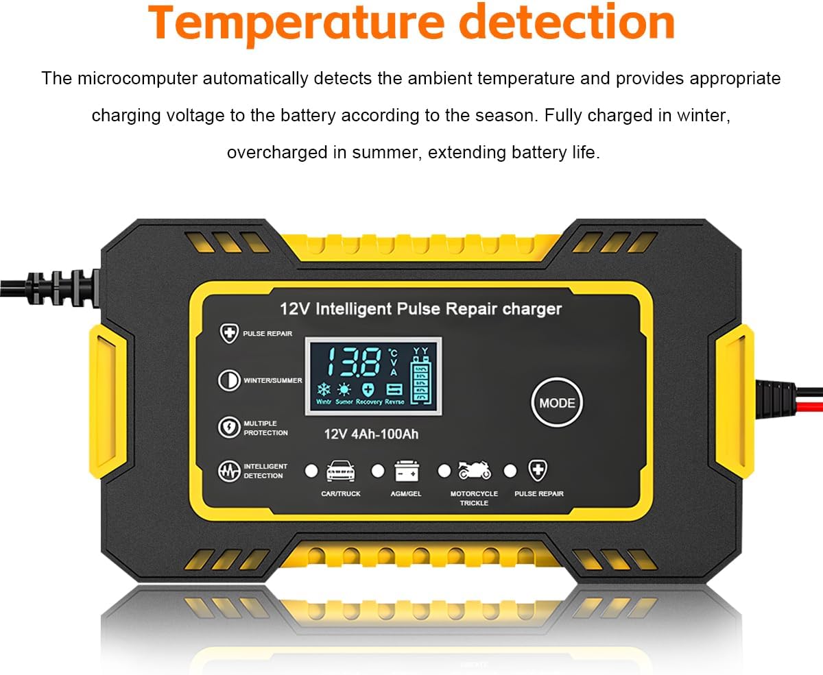 Mandark Car Battery Charger, 12V 6A Smart Fully Automotive Battery Trickle Charger, Portable Vehicle Battery Maintainer Desulfator with Temperature Compensation, Universal for SUV RV Truck (Yellow)