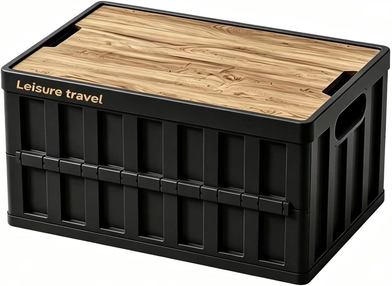 3 Pack 50L Mix Color Random Collapsible Storage Crate with Wooden Lid, Stackable Foldable Bin with Handles