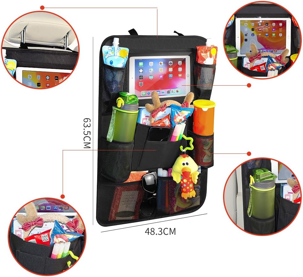 Car Backseat Organizer with 10" Tablet Holder, Seat Back Protectors Kick Mats for Kids Toddlers, Large Storage Pockets Travel Accessories for SUV Minivan Airplan 2 Pack